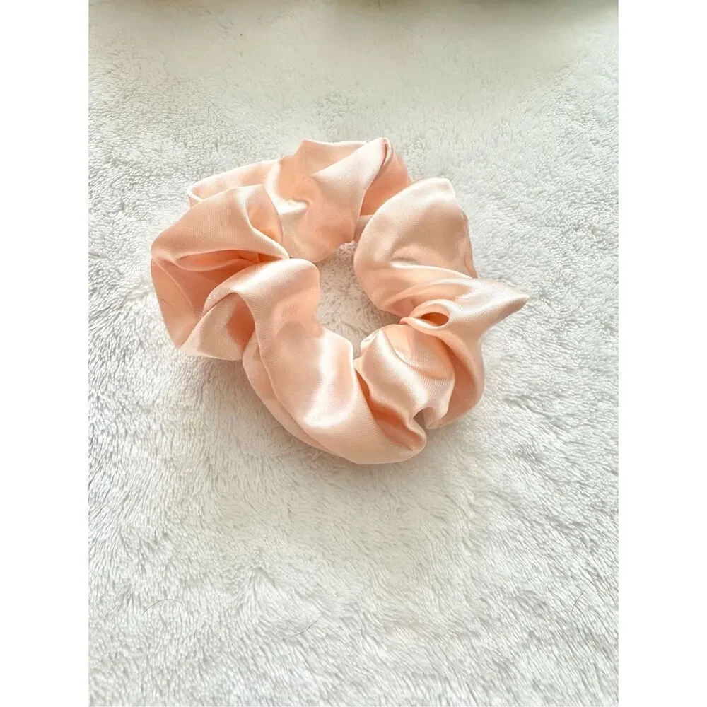 Peachy pink color satin hair scrunchie